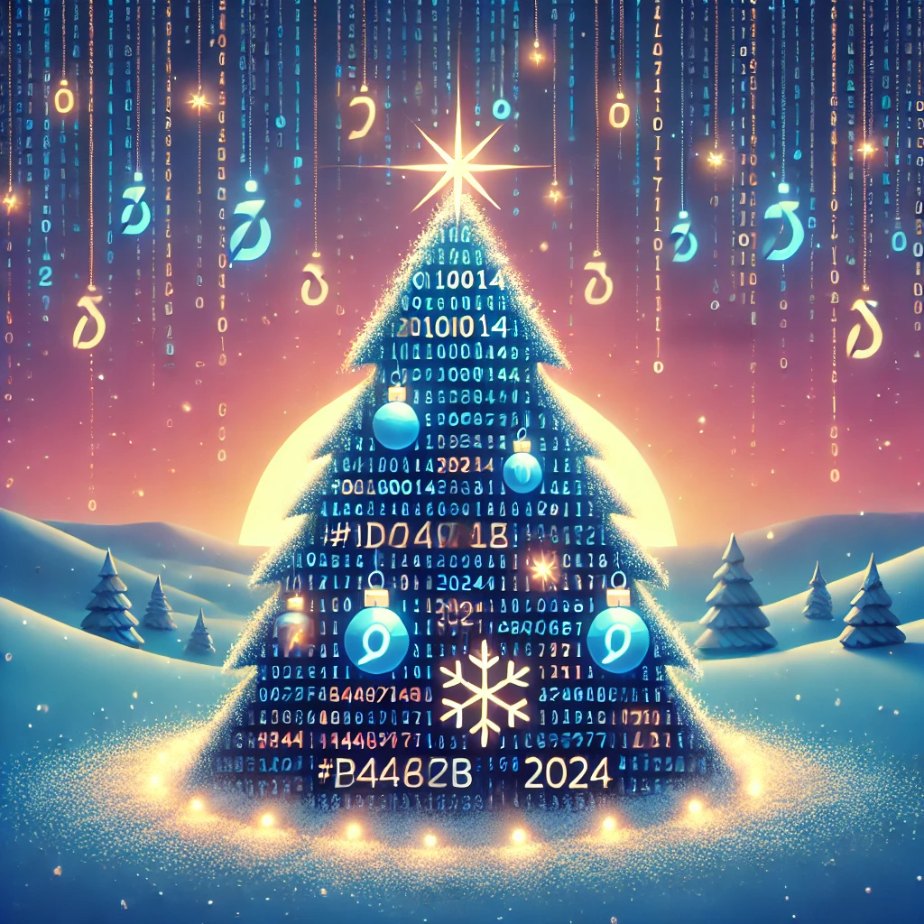 AI generated picture of a Christmas tree with ornaments and binary code